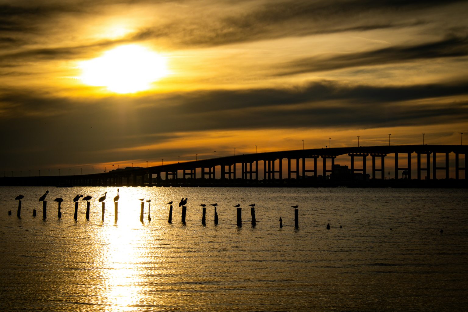 Hattiesburg bridge at sunset over the Mississippi Sound